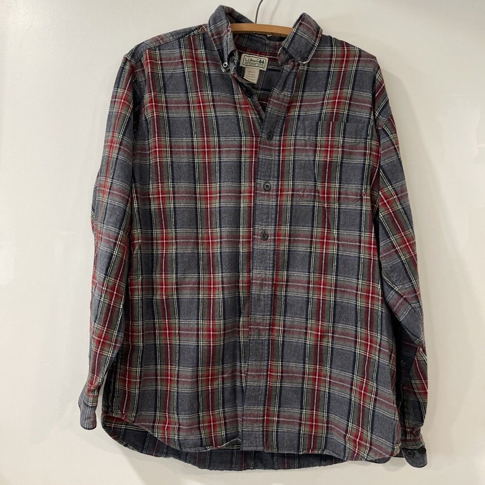 LL BEAN Shirt Mens Med Grey‎ Stewart Scotch Plaid Flannel Button Up Cotton Gray